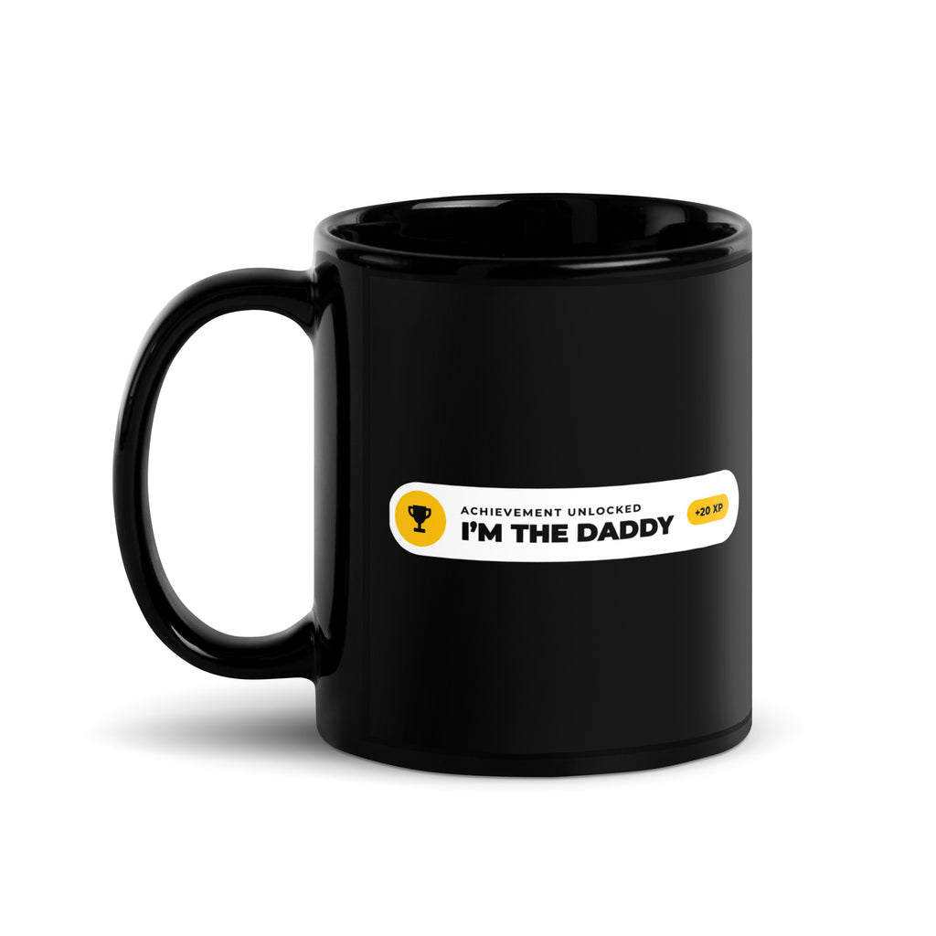 Achievement Unlocked I'm the Daddy black mug, white notification pill with gold trophy badge (view 2)