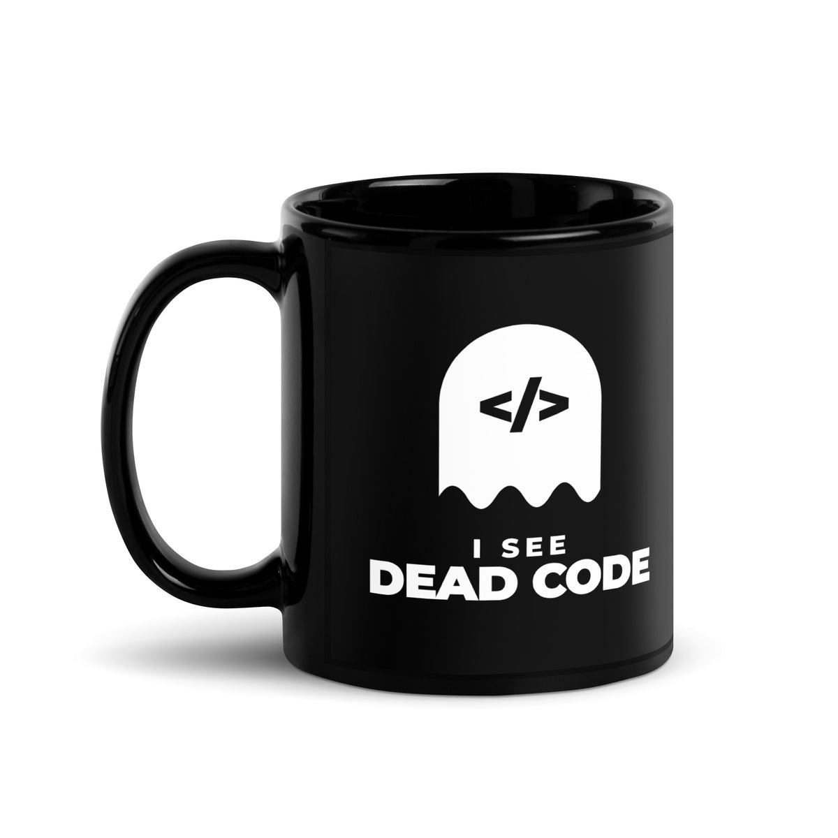 I See Dead Code black mug, white ghost with a code-tag face above the words I SEE DEAD CODE (view 2)