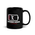 Zombie Mode black mug, white battery at 1% with a white zombie silhouette inside and the words ZOMBIE MODE