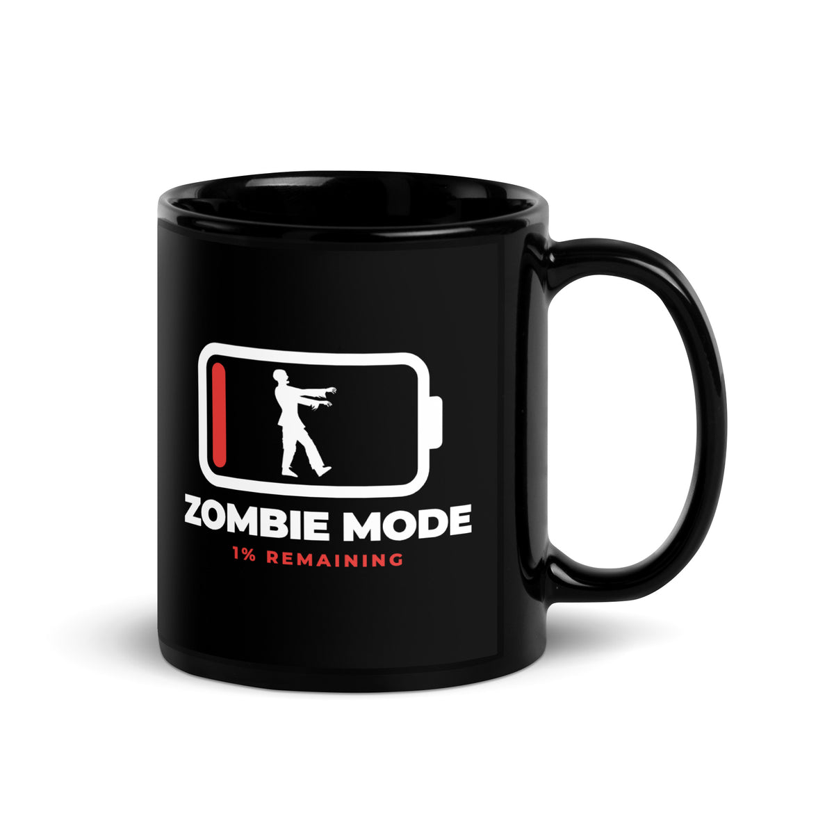 Zombie Mode black mug, white battery at 1% with a white zombie silhouette inside and the words ZOMBIE MODE
