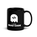 I See Dead Code black mug, white ghost with a code-tag face above the words I SEE DEAD CODE