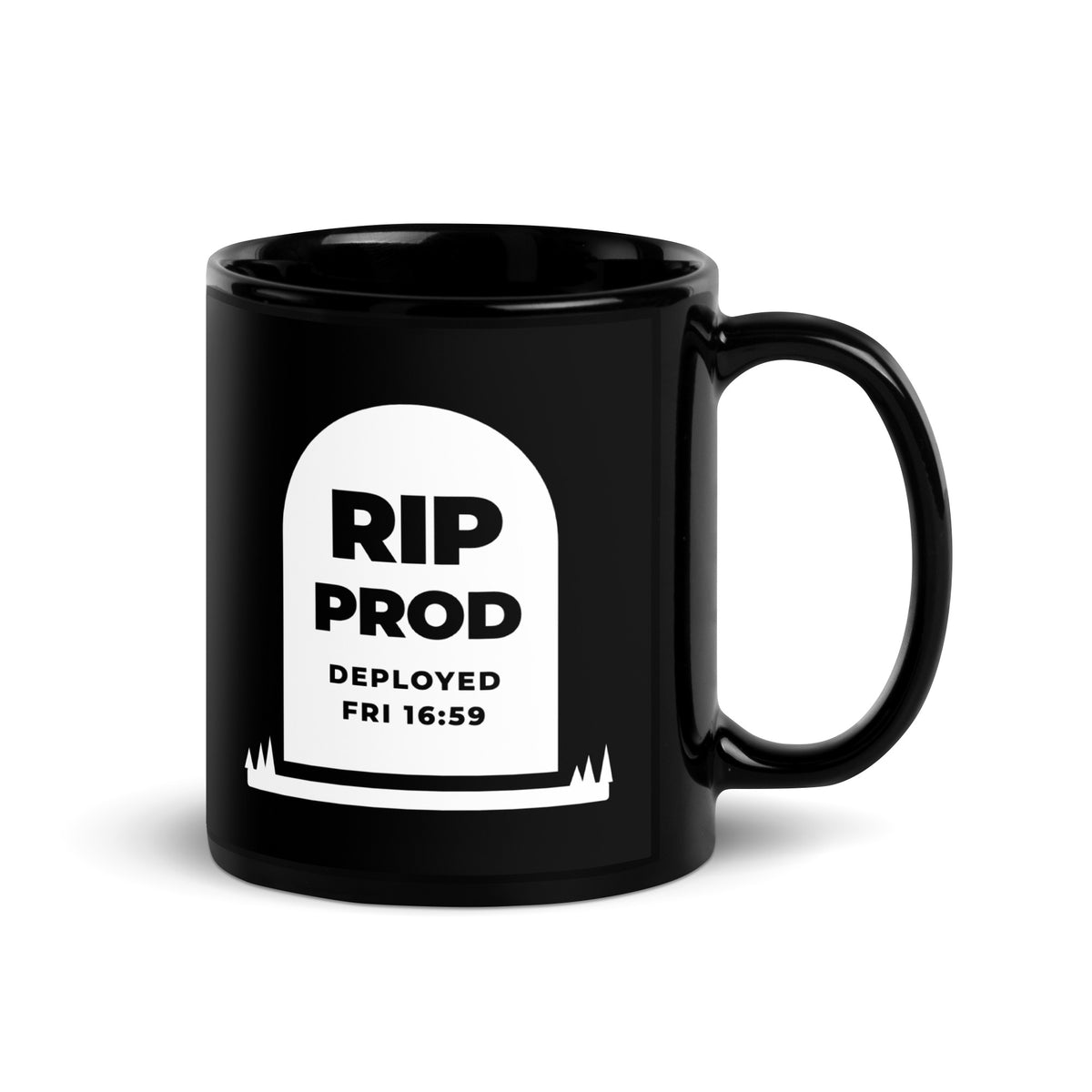 RIP Prod black mug, white gravestone reading RIP PROD, DEPLOYED FRI 16:59