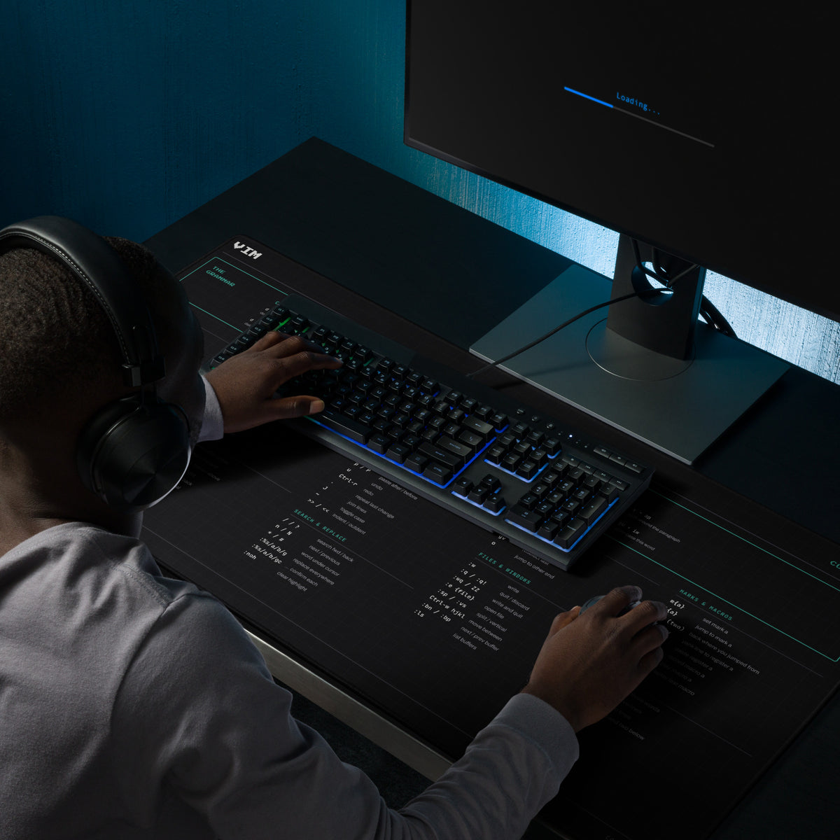 Vim cheat sheet desk mat, black with teal headings, showing vim keybindings in columns (view 2)