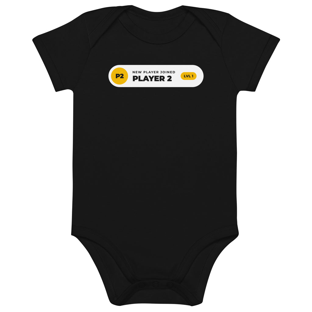 Player 2 Has Joined black baby bodysuit, white notification pill with gold P2 badge and LVL 1