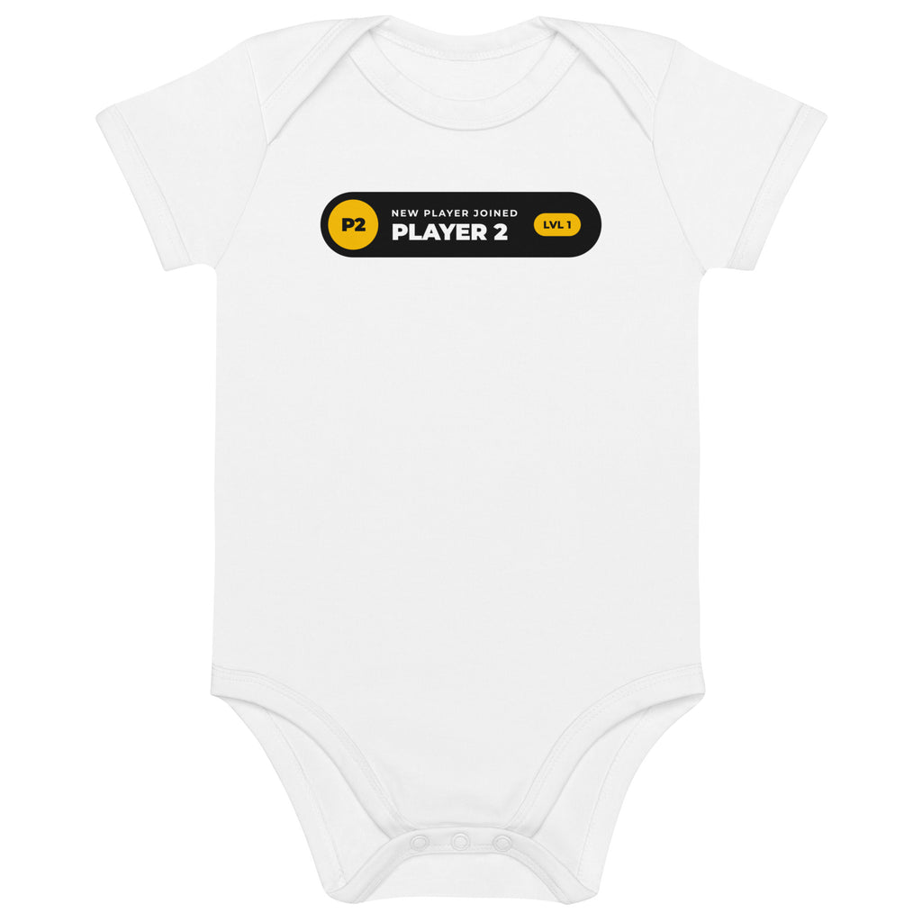 Player 2 Has Joined white baby bodysuit, black notification pill with gold P2 badge and LVL 1