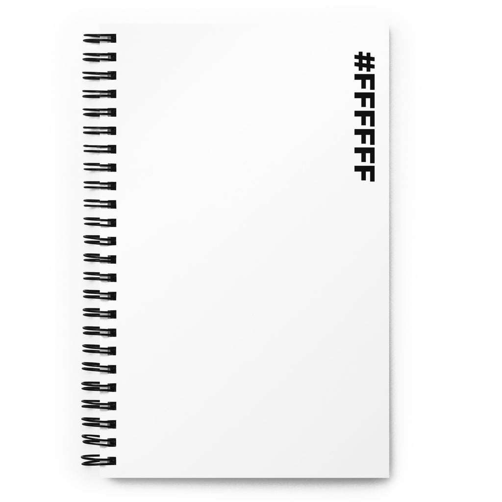#FFFFFF Hex Code white spiral notebook, black text running down the right edge of the cover from the top