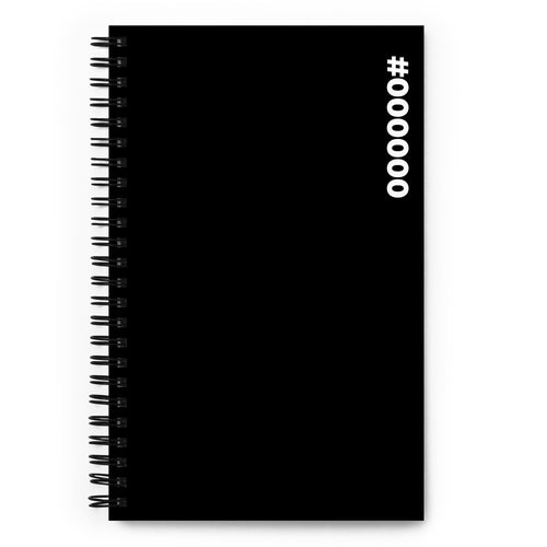 #000000 Hex Code black spiral notebook, white text running down the right edge of the cover from the top