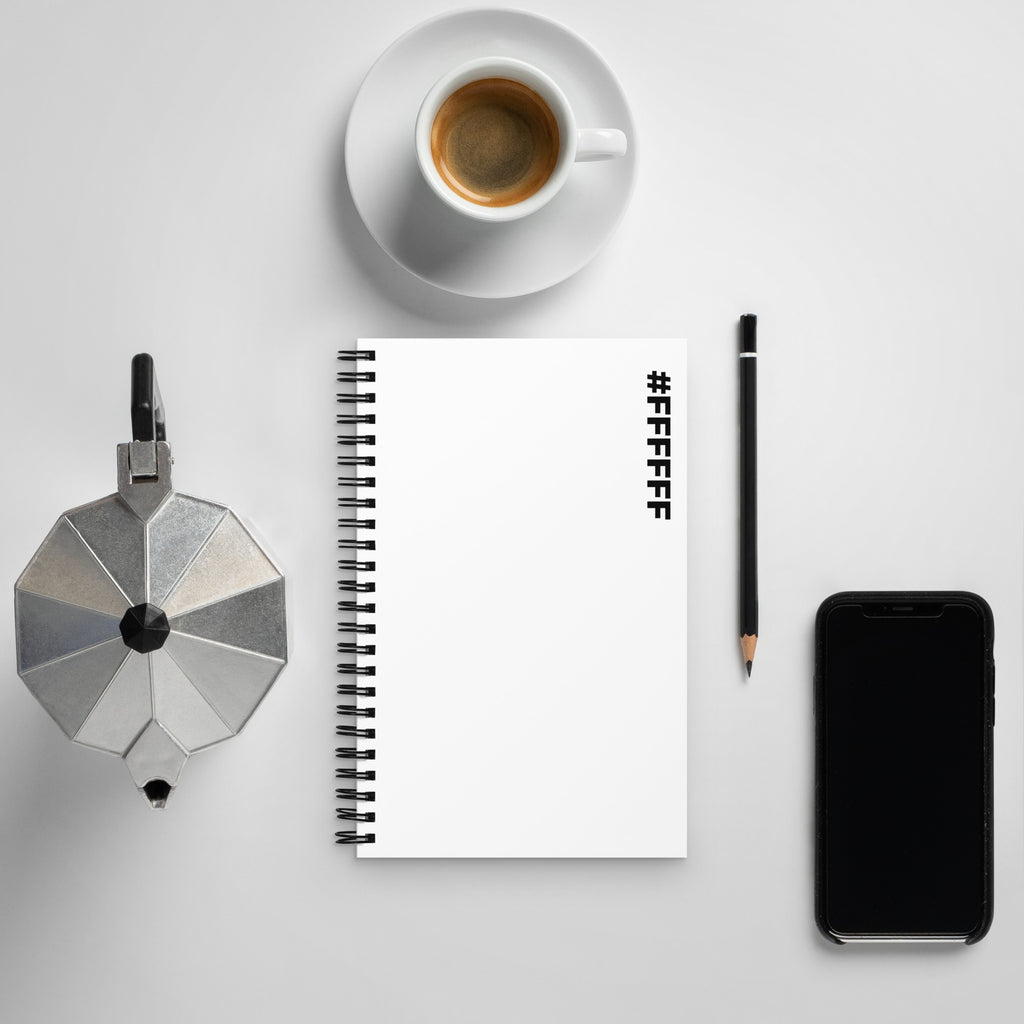 #FFFFFF Hex Code white spiral notebook on a desk beside a coffee, moka pot, pencil and phone