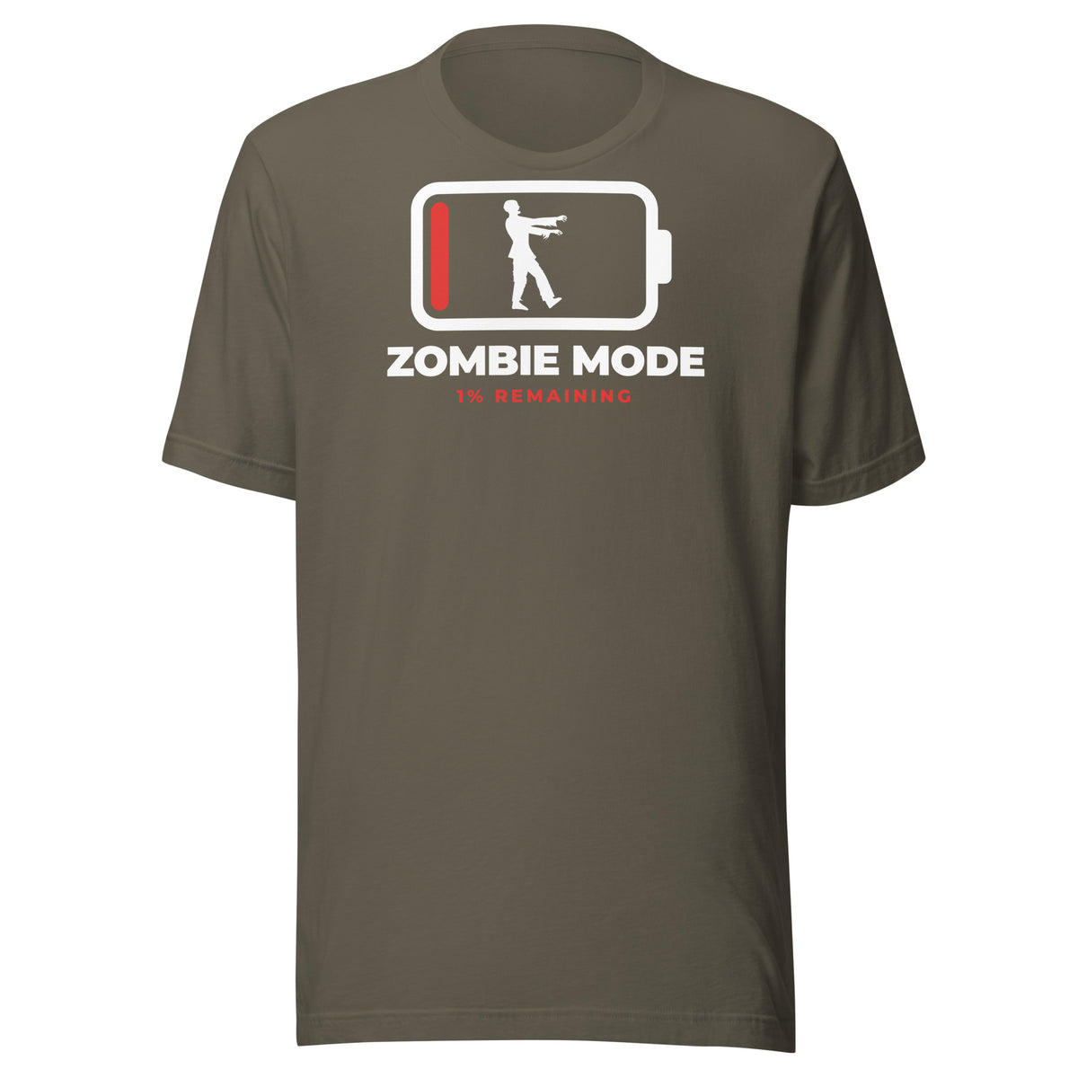 Zombie Mode dark t-shirt, white battery outline at 1% with a white zombie silhouette inside, ZOMBIE MODE and 1% REMAINING in red (view 4)