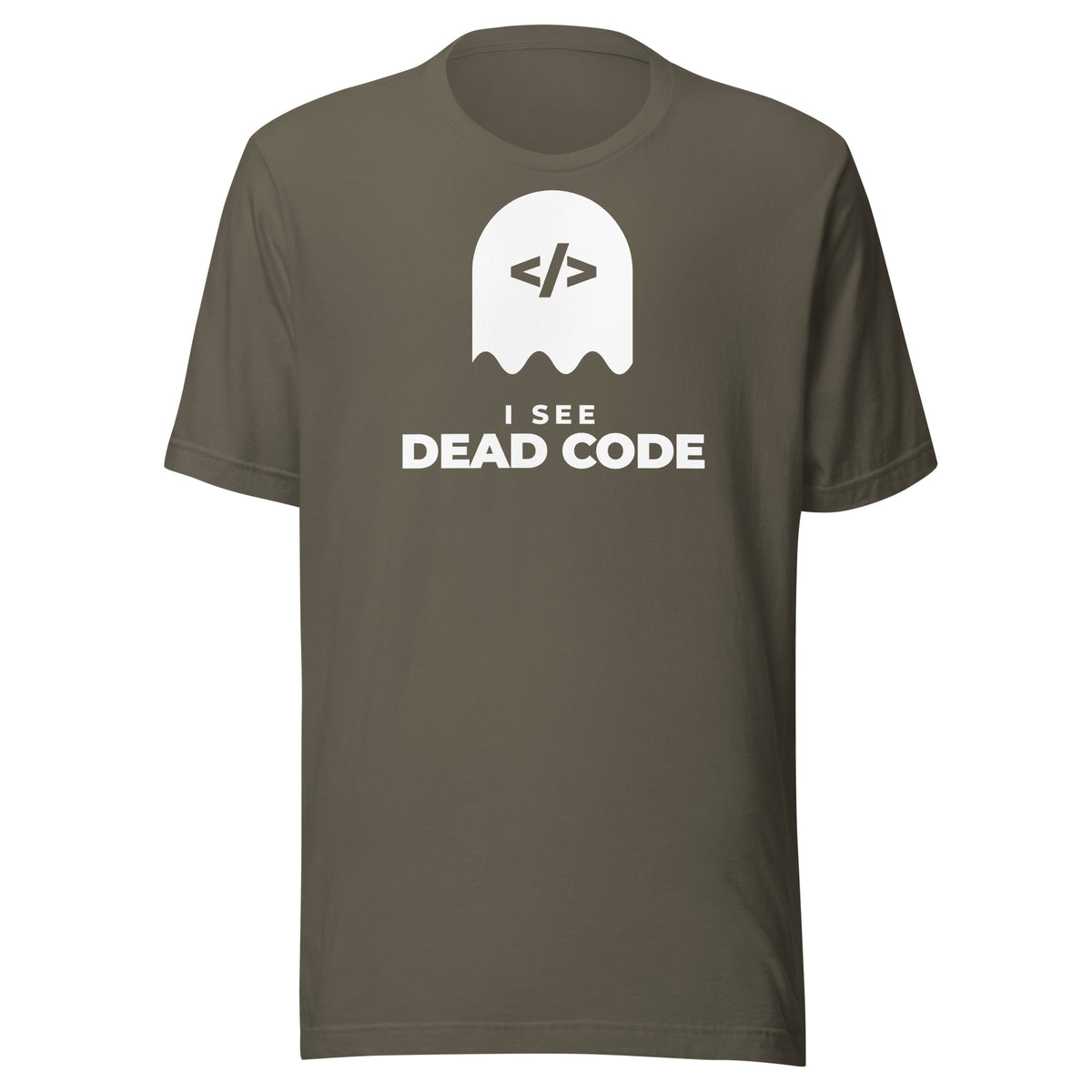 I See Dead Code dark t-shirt, solid white ghost with a code-tag face above the words I SEE DEAD CODE (view 4)