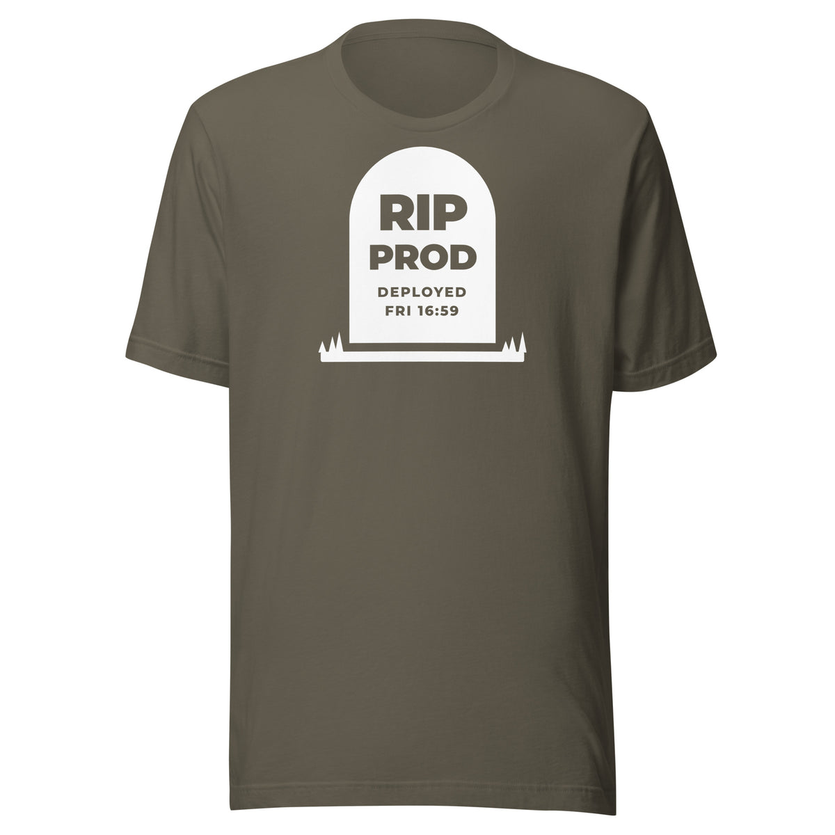 RIP Prod dark t-shirt, solid white gravestone reading RIP PROD, DEPLOYED FRI 16:59, with grass at its base (view 4)