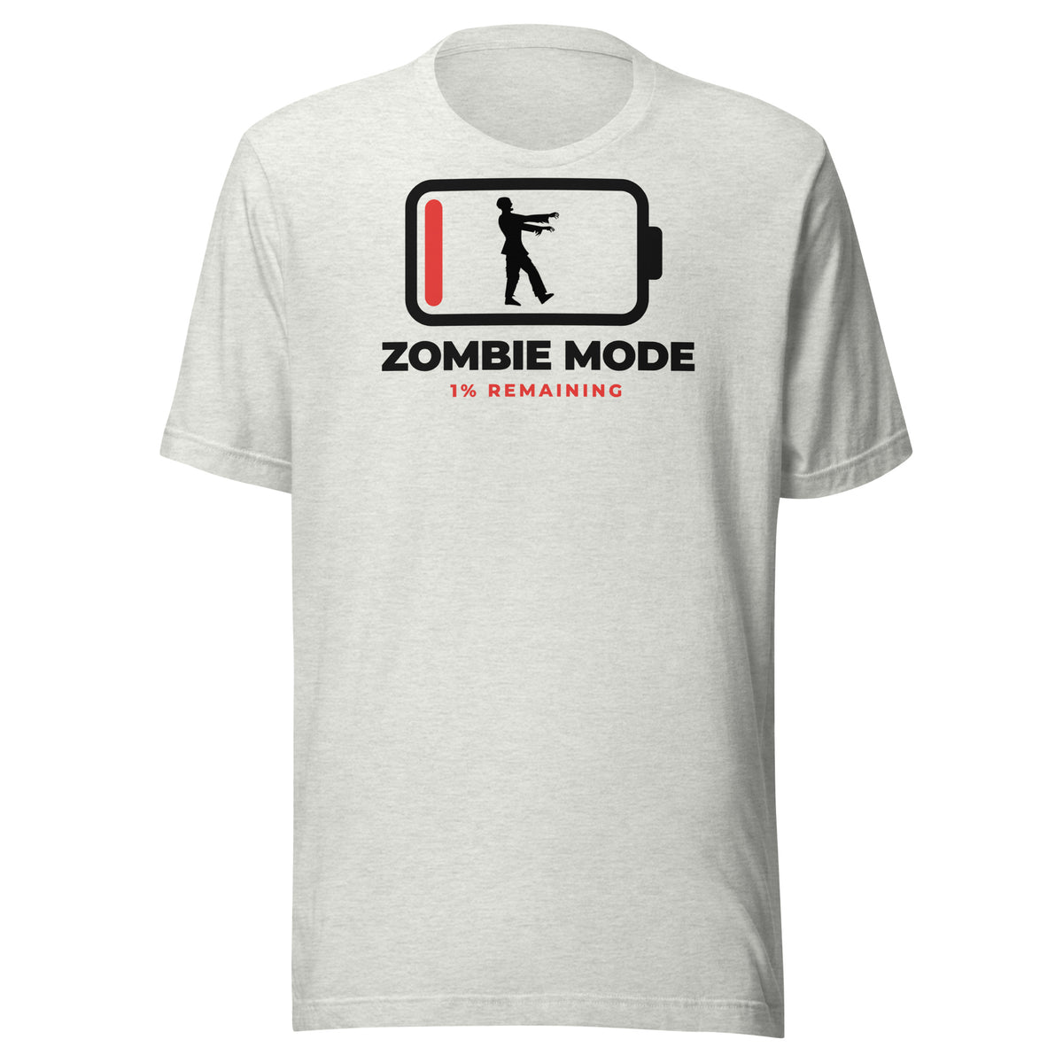 Zombie Mode light t-shirt, battery outline at 1% with a zombie silhouette inside, ZOMBIE MODE and 1% REMAINING in red (view 3)