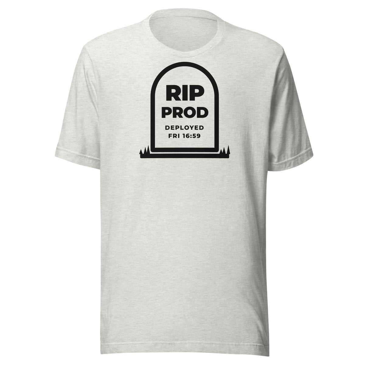 RIP Prod light t-shirt, outlined gravestone reading RIP PROD, DEPLOYED FRI 16:59, with grass at its base (view 3)