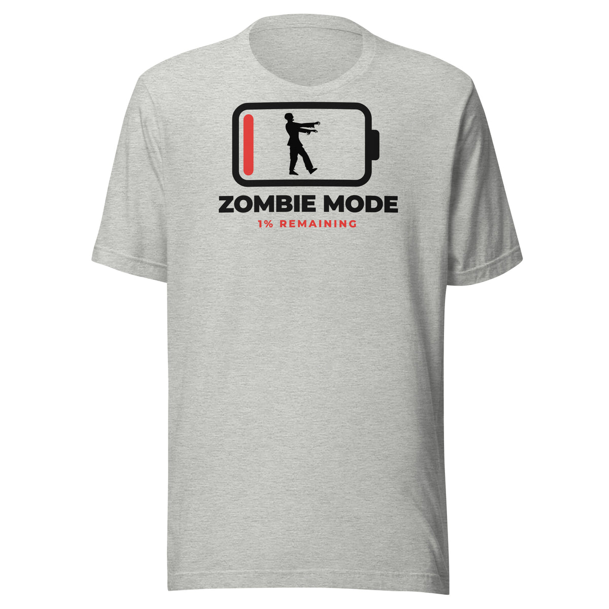 Zombie Mode light t-shirt, battery outline at 1% with a zombie silhouette inside, ZOMBIE MODE and 1% REMAINING in red (view 2)