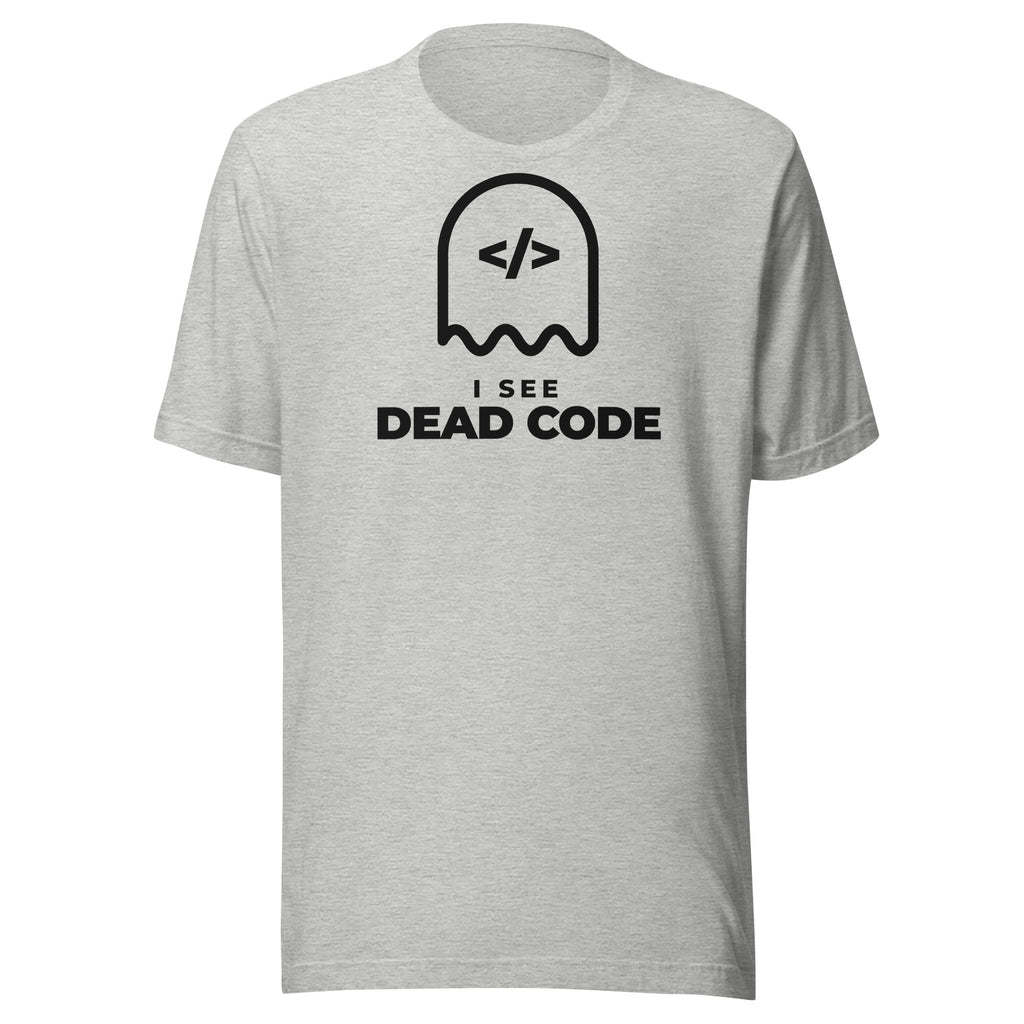I See Dead Code light t-shirt, outlined ghost with a code-tag face above the words I SEE DEAD CODE (view 2)