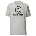 I See Dead Code light t-shirt, outlined ghost with a code-tag face above the words I SEE DEAD CODE (view 2)