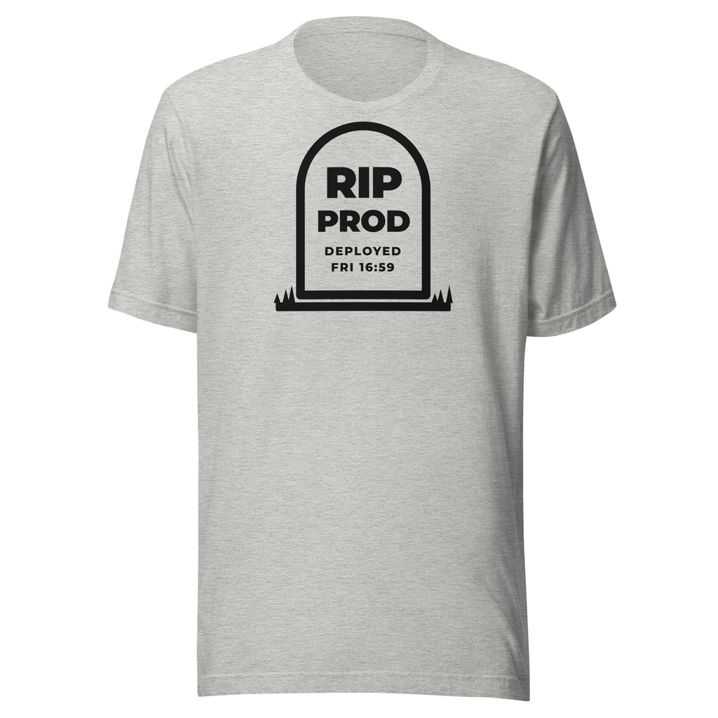 RIP Prod light t-shirt, outlined gravestone reading RIP PROD, DEPLOYED FRI 16:59, with grass at its base (view 2)