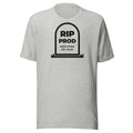RIP Prod light t-shirt, outlined gravestone reading RIP PROD, DEPLOYED FRI 16:59, with grass at its base (view 2)