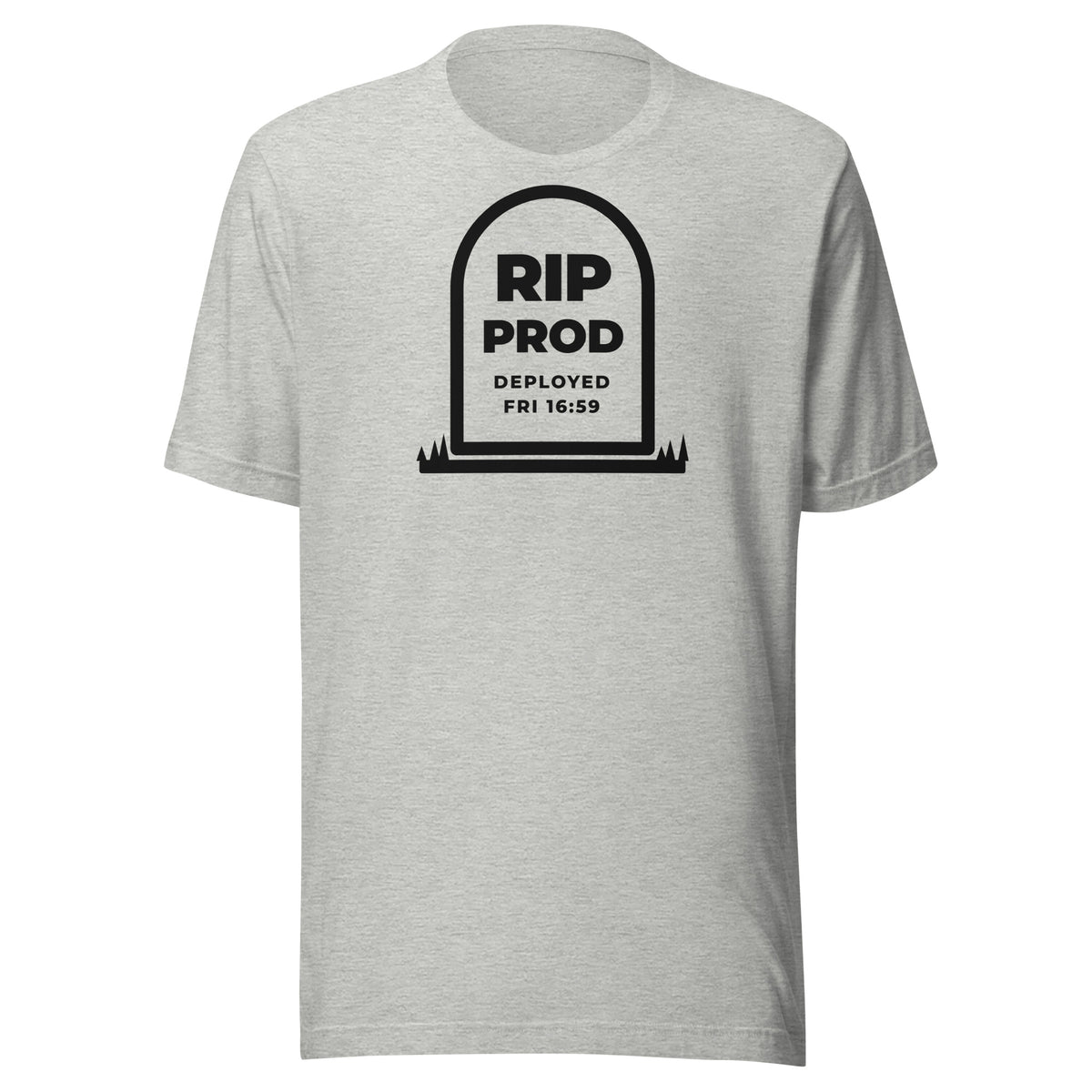 RIP Prod light t-shirt, outlined gravestone reading RIP PROD, DEPLOYED FRI 16:59, with grass at its base (view 2)