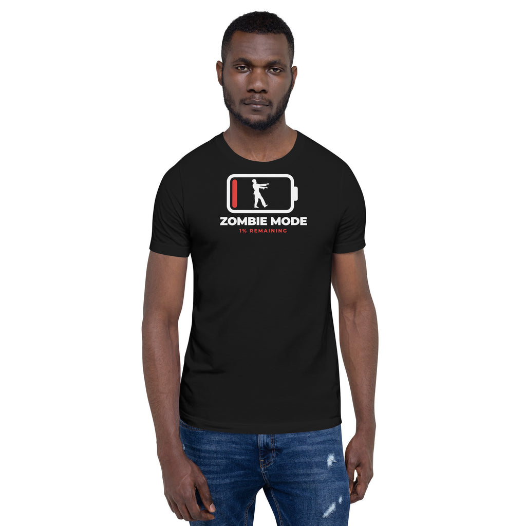 Zombie Mode dark t-shirt, white battery outline at 1% with a white zombie silhouette inside, ZOMBIE MODE and 1% REMAINING in red (view 5)