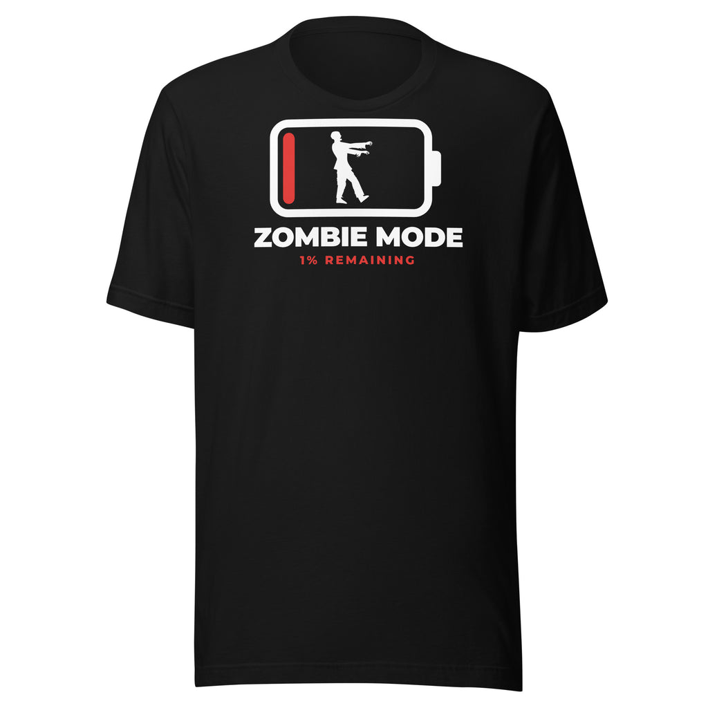 Zombie Mode dark t-shirt, white battery outline at 1% with a white zombie silhouette inside, ZOMBIE MODE and 1% REMAINING in red