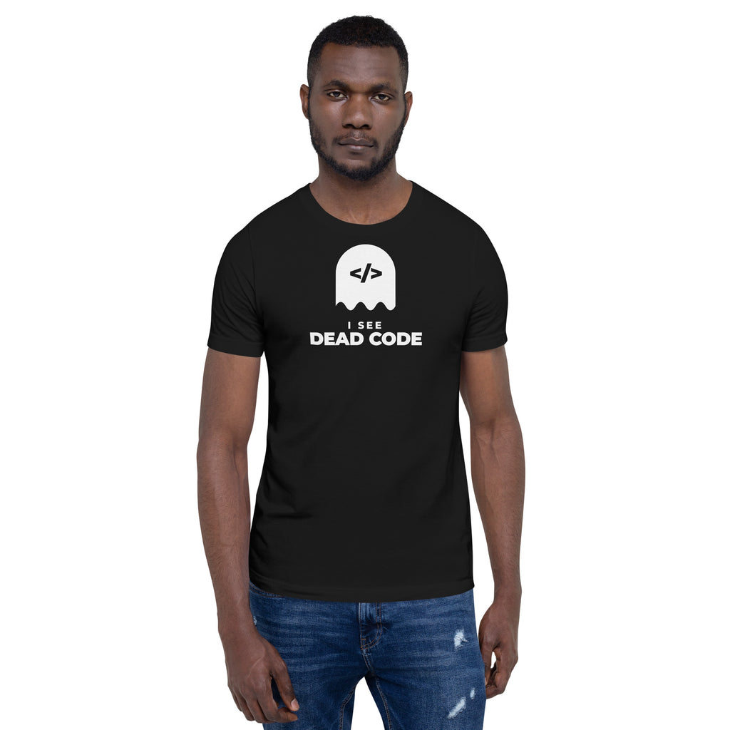 I See Dead Code dark t-shirt, solid white ghost with a code-tag face above the words I SEE DEAD CODE (view 5)