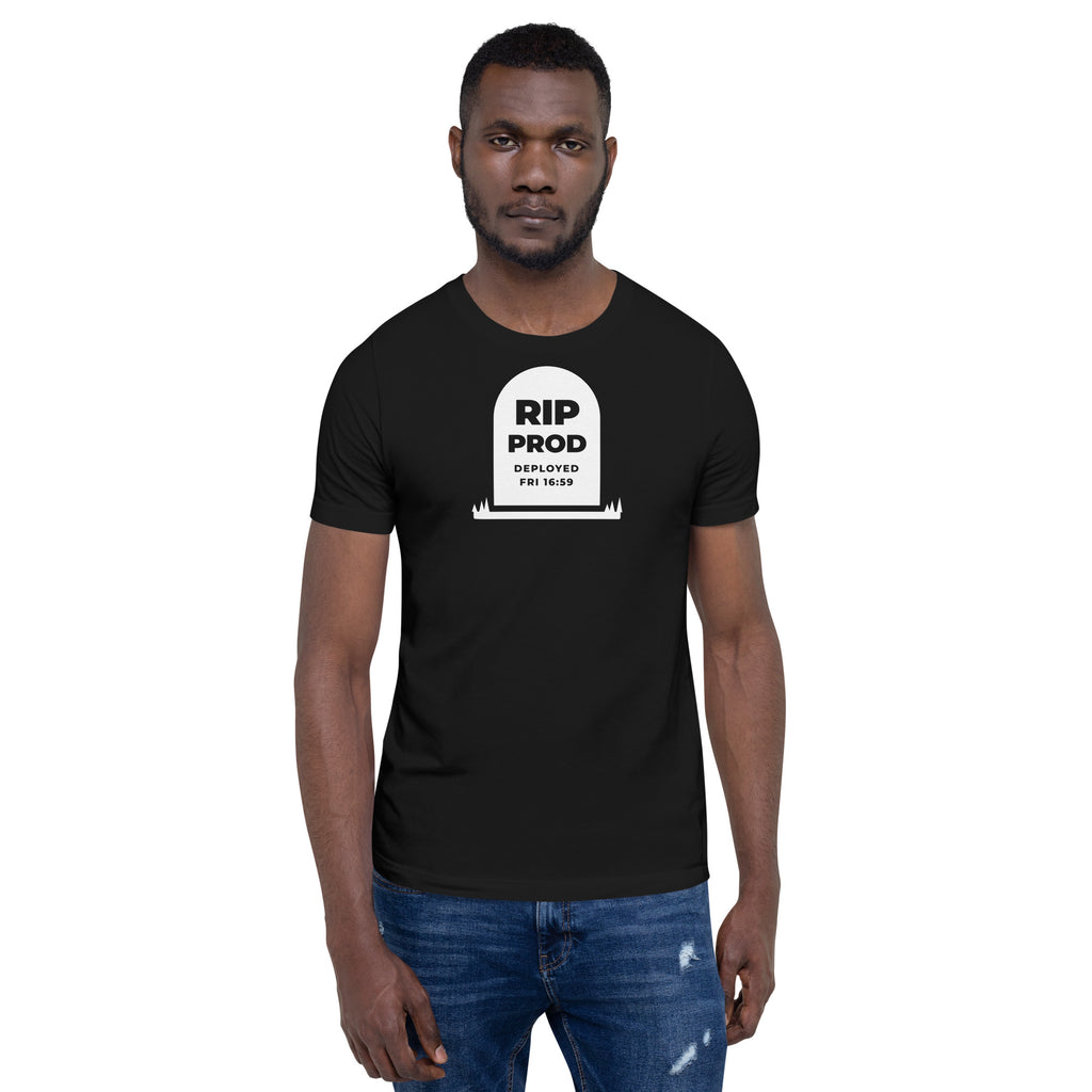 RIP Prod dark t-shirt, solid white gravestone reading RIP PROD, DEPLOYED FRI 16:59, with grass at its base (view 5)