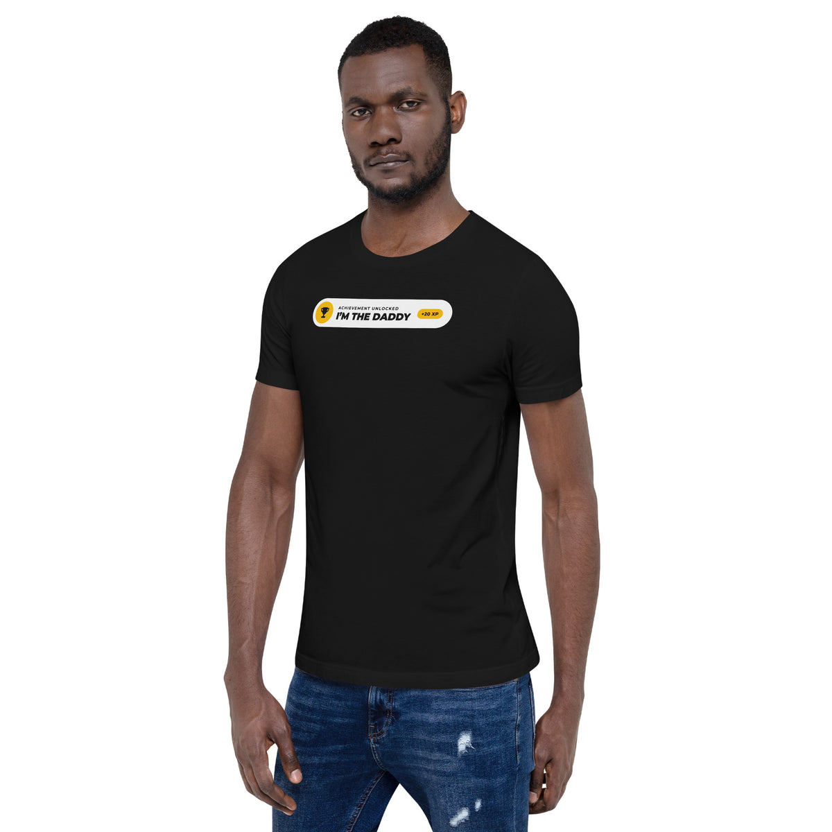 Achievement Unlocked I'm the Daddy black t-shirt, white notification pill with gold trophy badge and +20 XP (view 2)