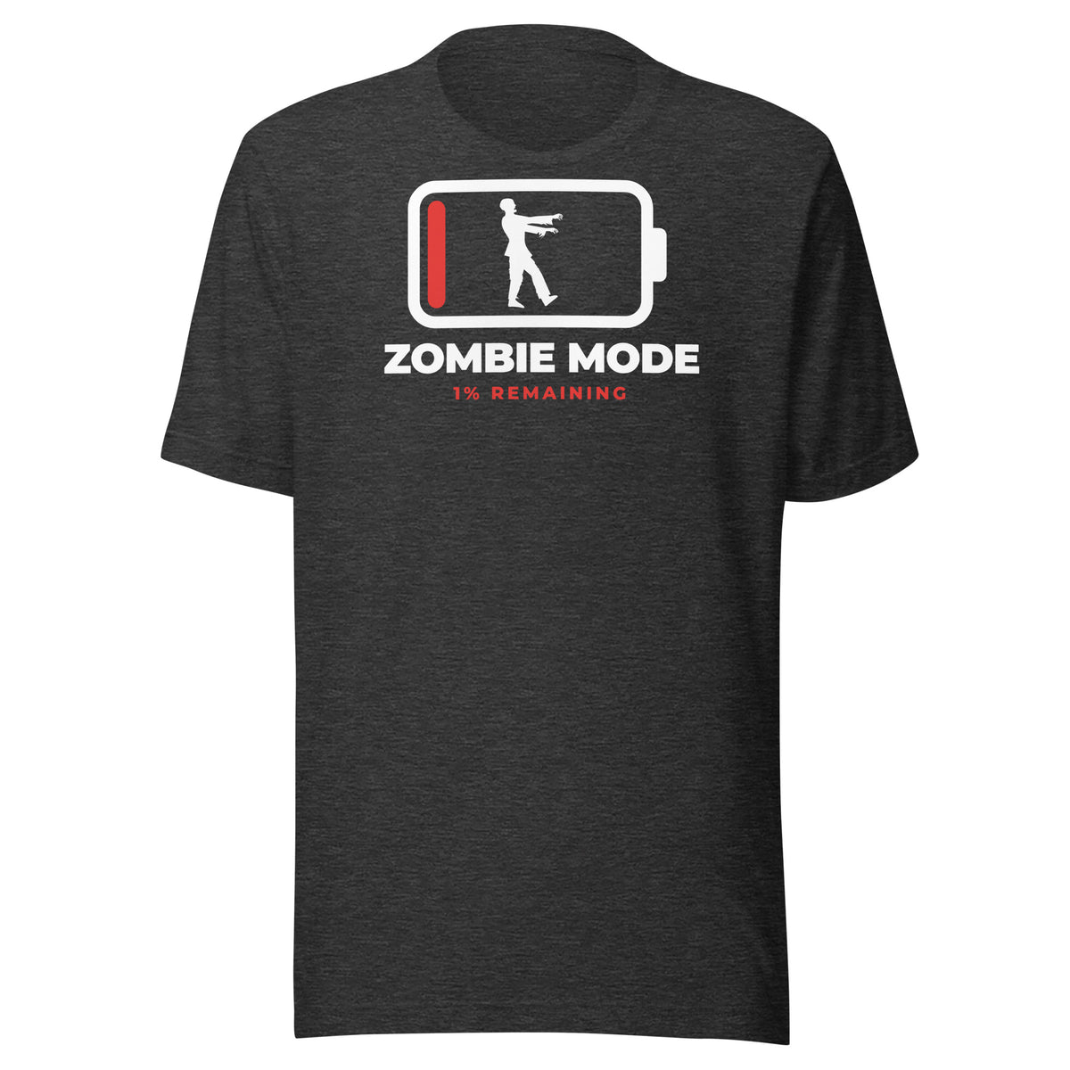 Zombie Mode dark t-shirt, white battery outline at 1% with a white zombie silhouette inside, ZOMBIE MODE and 1% REMAINING in red (view 3)