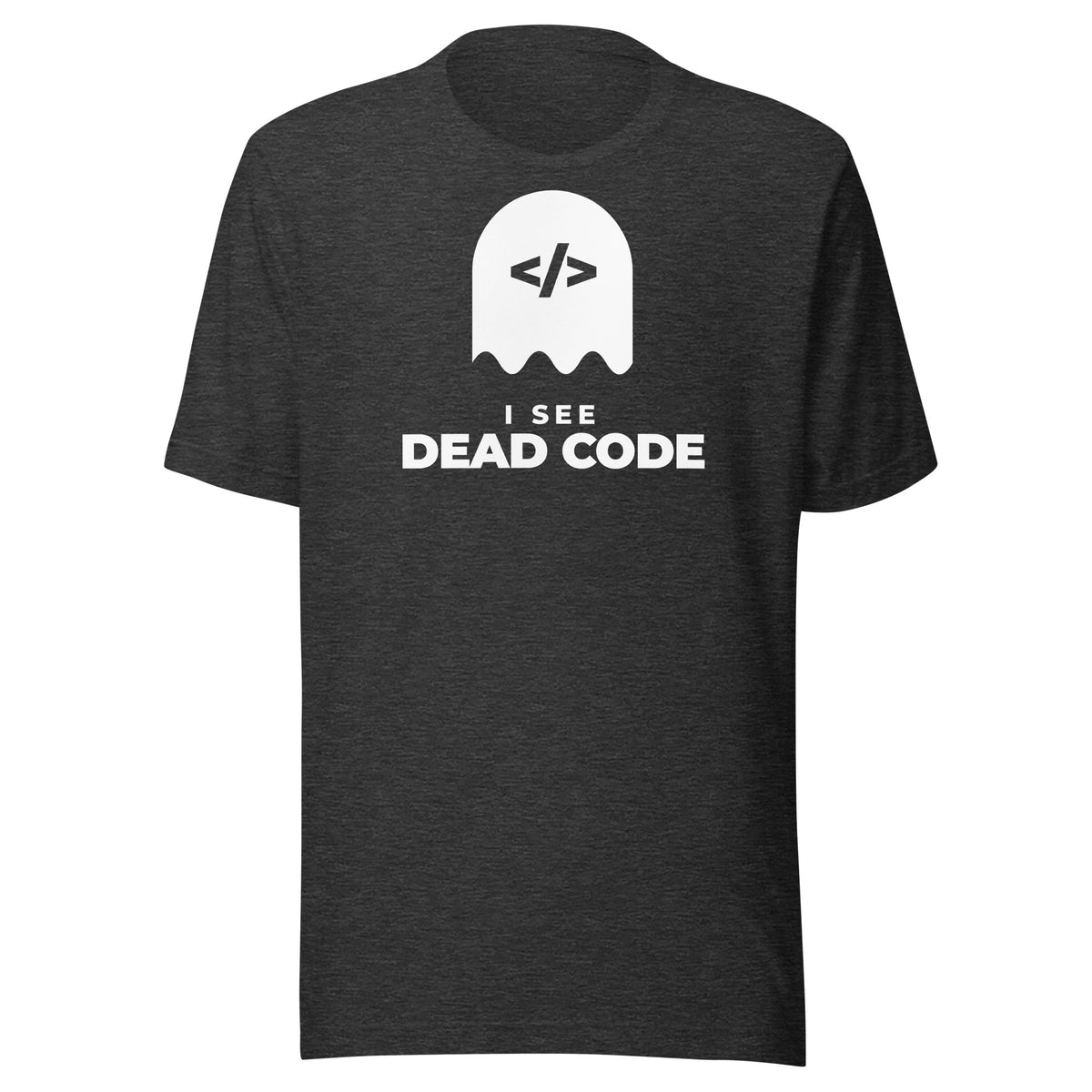 I See Dead Code dark t-shirt, solid white ghost with a code-tag face above the words I SEE DEAD CODE (view 3)