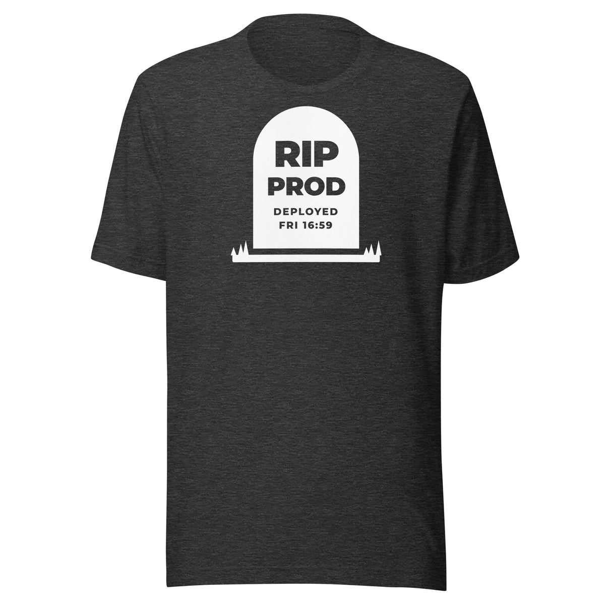 RIP Prod dark t-shirt, solid white gravestone reading RIP PROD, DEPLOYED FRI 16:59, with grass at its base (view 3)
