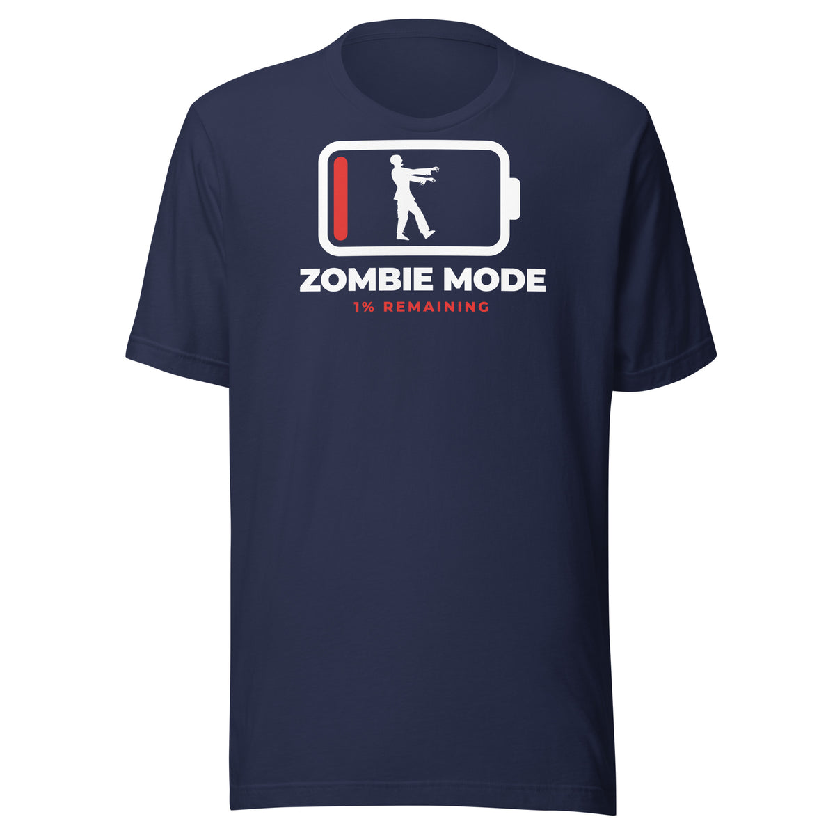 Zombie Mode dark t-shirt, white battery outline at 1% with a white zombie silhouette inside, ZOMBIE MODE and 1% REMAINING in red (view 2)