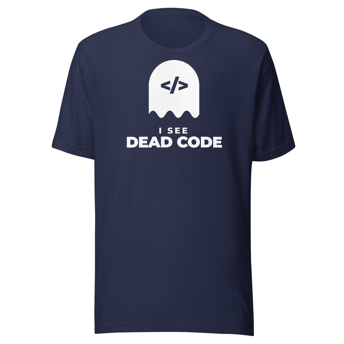 I See Dead Code dark t-shirt, solid white ghost with a code-tag face above the words I SEE DEAD CODE (view 2)
