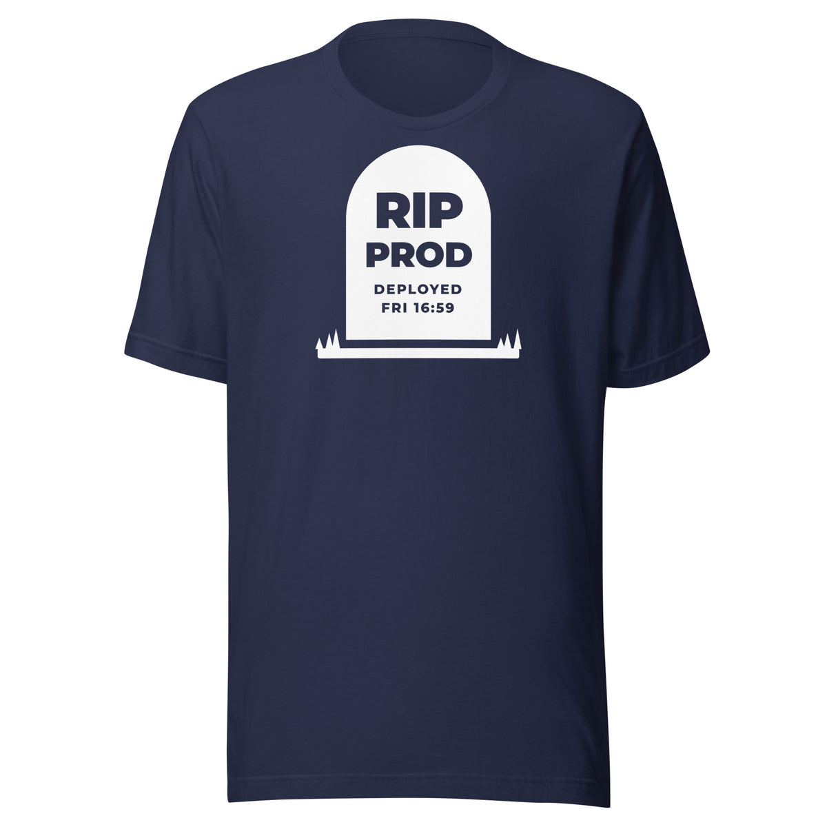 RIP Prod dark t-shirt, solid white gravestone reading RIP PROD, DEPLOYED FRI 16:59, with grass at its base (view 2)