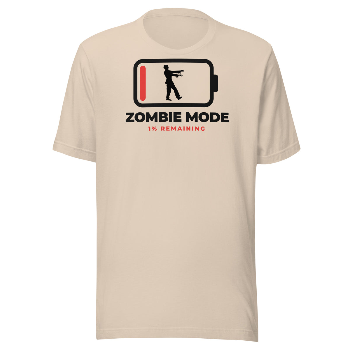 Zombie Mode light t-shirt, battery outline at 1% with a zombie silhouette inside, ZOMBIE MODE and 1% REMAINING in red (view 4)