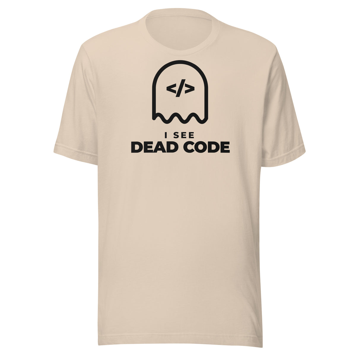 I See Dead Code light t-shirt, outlined ghost with a code-tag face above the words I SEE DEAD CODE (view 4)