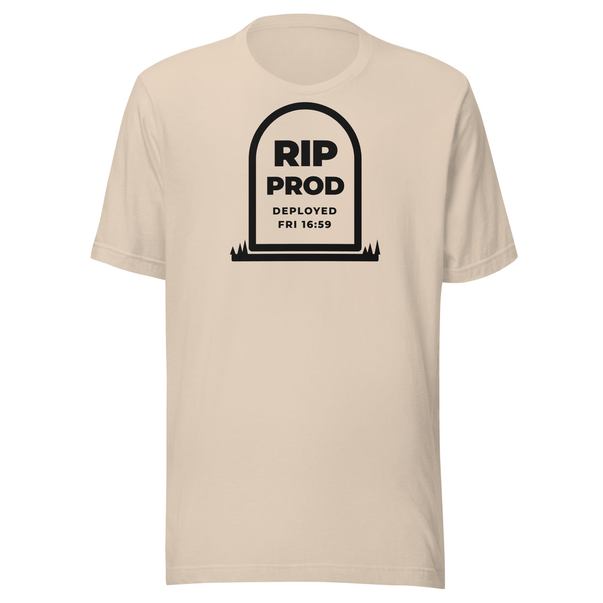 RIP Prod light t-shirt, outlined gravestone reading RIP PROD, DEPLOYED FRI 16:59, with grass at its base (view 4)
