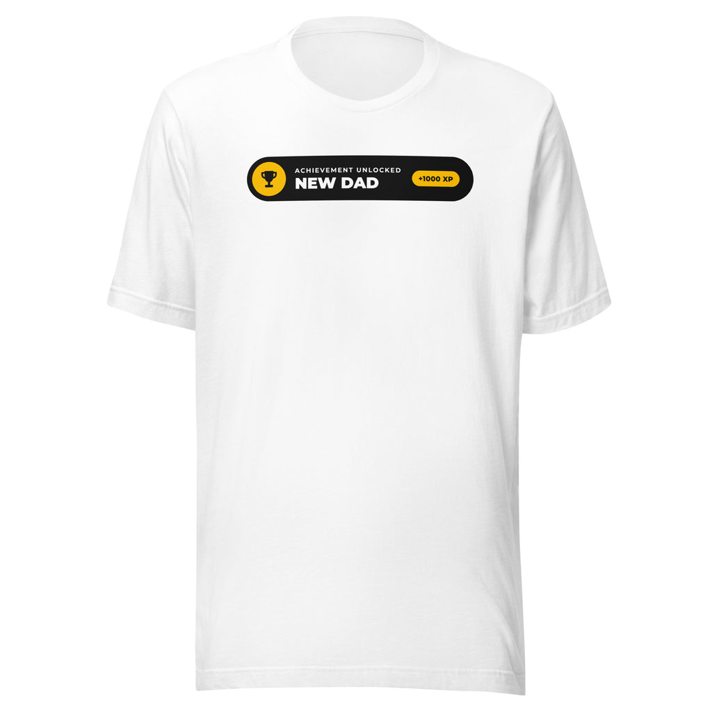 Achievement Unlocked New Dad white t-shirt, black notification pill with gold trophy badge and +1000 XP