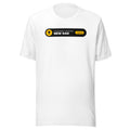 Achievement Unlocked New Dad white t-shirt, black notification pill with gold trophy badge and +1000 XP
