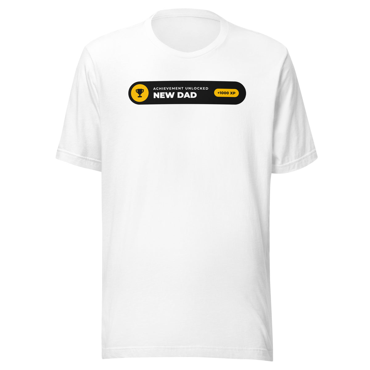 Achievement Unlocked New Dad white t-shirt, black notification pill with gold trophy badge and +1000 XP