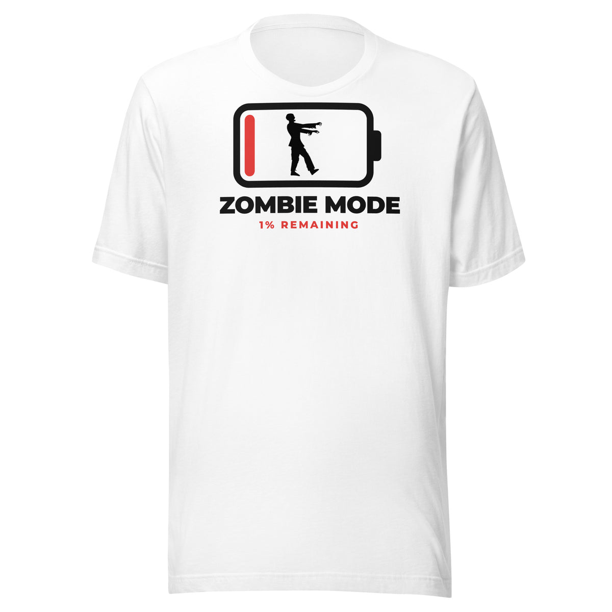 Zombie Mode light t-shirt, battery outline at 1% with a zombie silhouette inside, ZOMBIE MODE and 1% REMAINING in red
