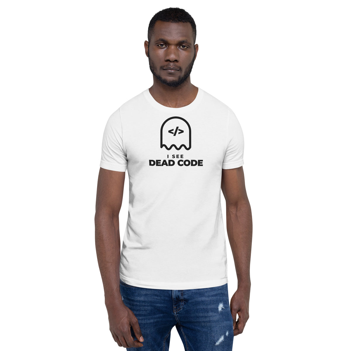 I See Dead Code light t-shirt, outlined ghost with a code-tag face above the words I SEE DEAD CODE (view 5)