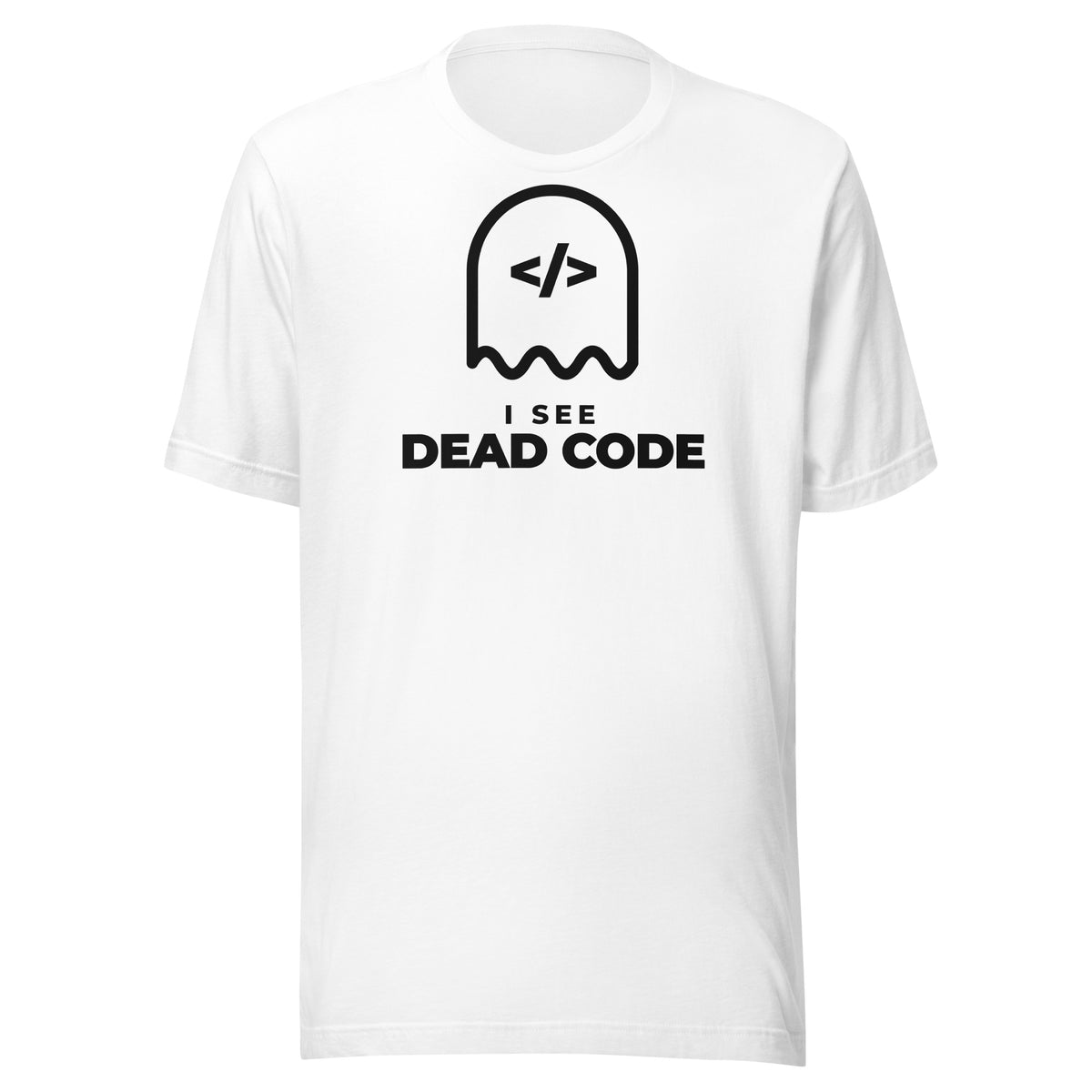 I See Dead Code light t-shirt, outlined ghost with a code-tag face above the words I SEE DEAD CODE