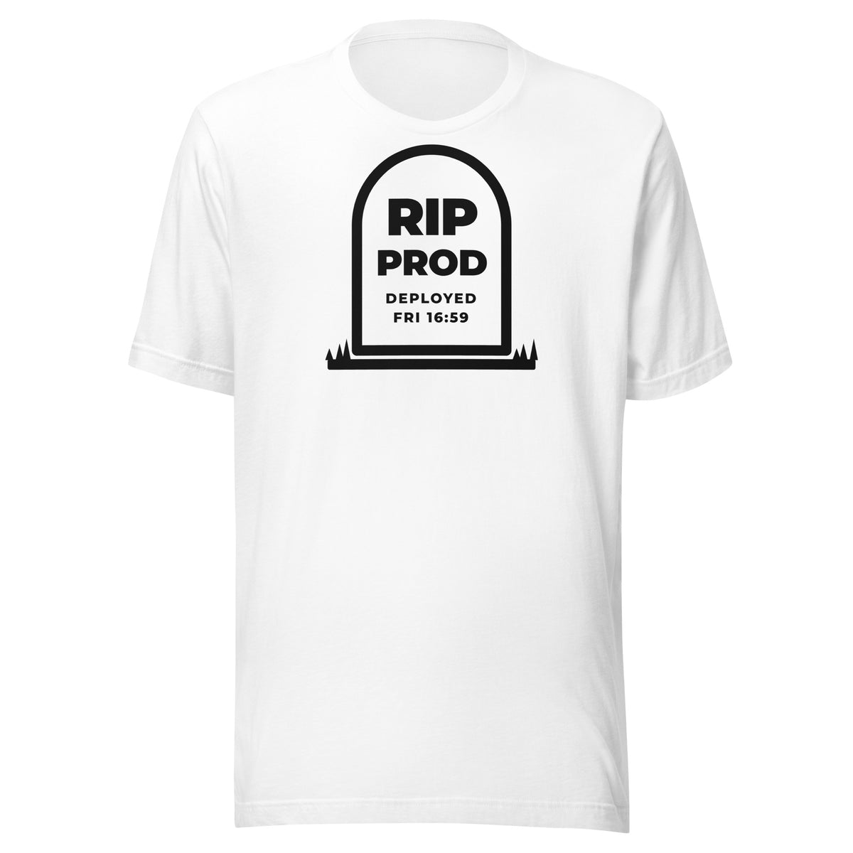 RIP Prod light t-shirt, outlined gravestone reading RIP PROD, DEPLOYED FRI 16:59, with grass at its base