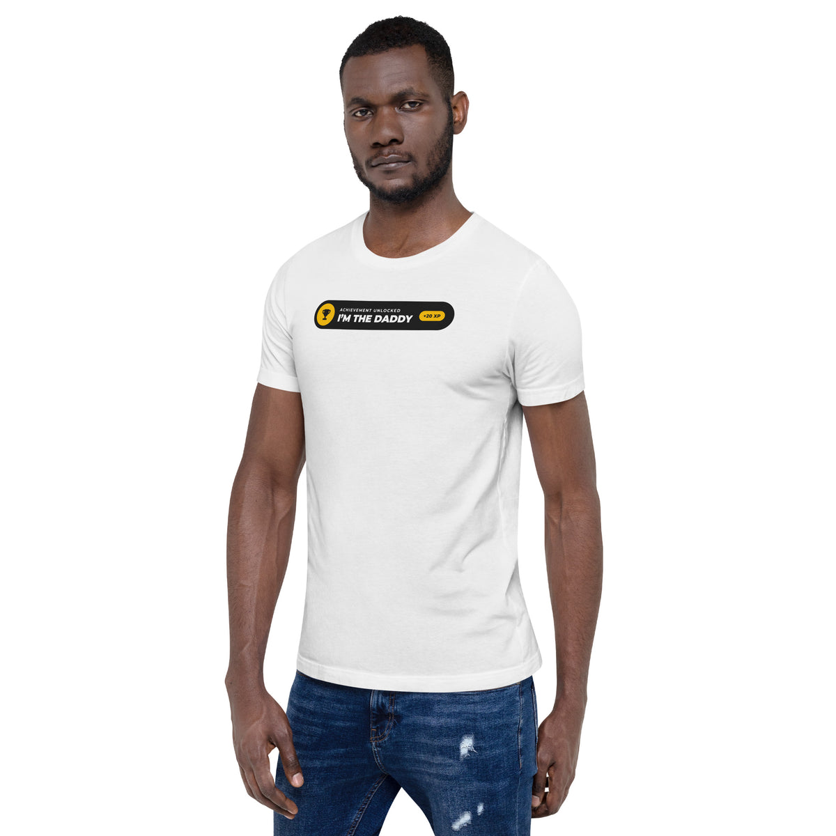 Achievement Unlocked I'm the Daddy white t-shirt, black notification pill with gold trophy badge and +20 XP (view 2)