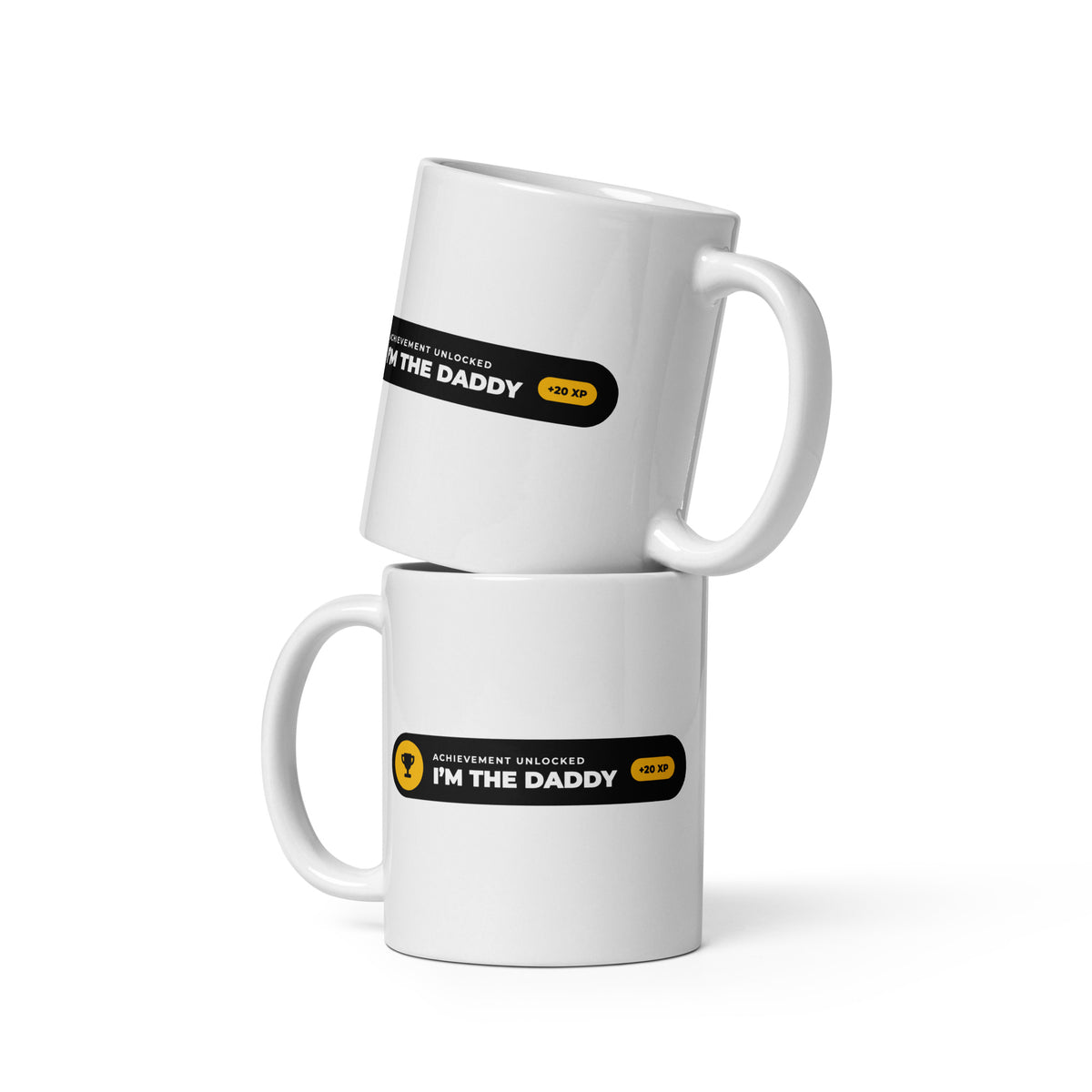 Achievement Unlocked I'm the Daddy white mug, black notification pill with gold trophy badge