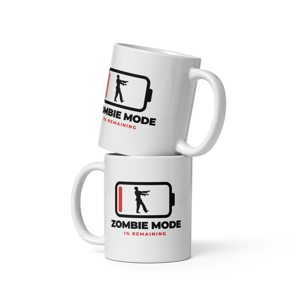Zombie Mode white mug, battery at 1% with a zombie silhouette inside and the words ZOMBIE MODE