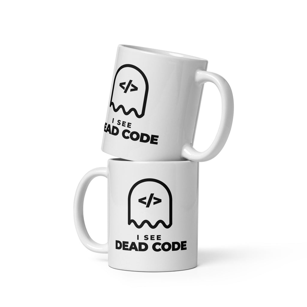 I See Dead Code white mug, outlined ghost with a code-tag face above the words I SEE DEAD CODE