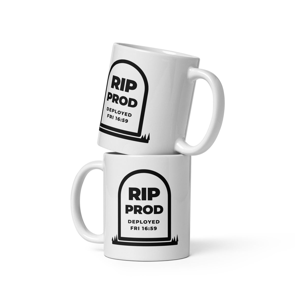 RIP Prod white mug, outlined gravestone reading RIP PROD, DEPLOYED FRI 16:59