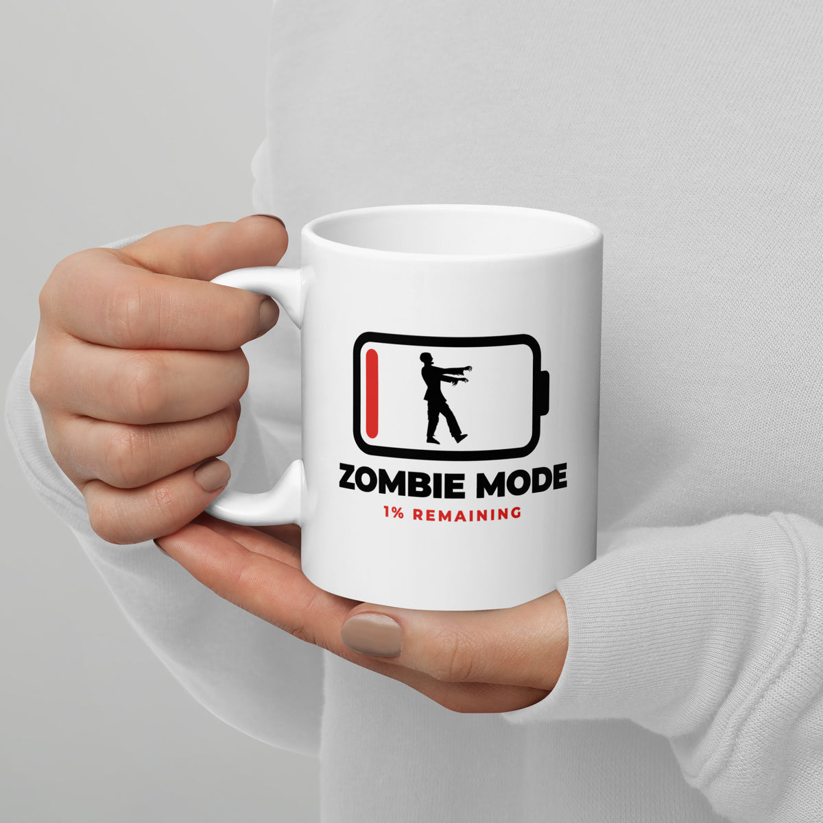Zombie Mode white mug, battery at 1% with a zombie silhouette inside and the words ZOMBIE MODE (view 2)